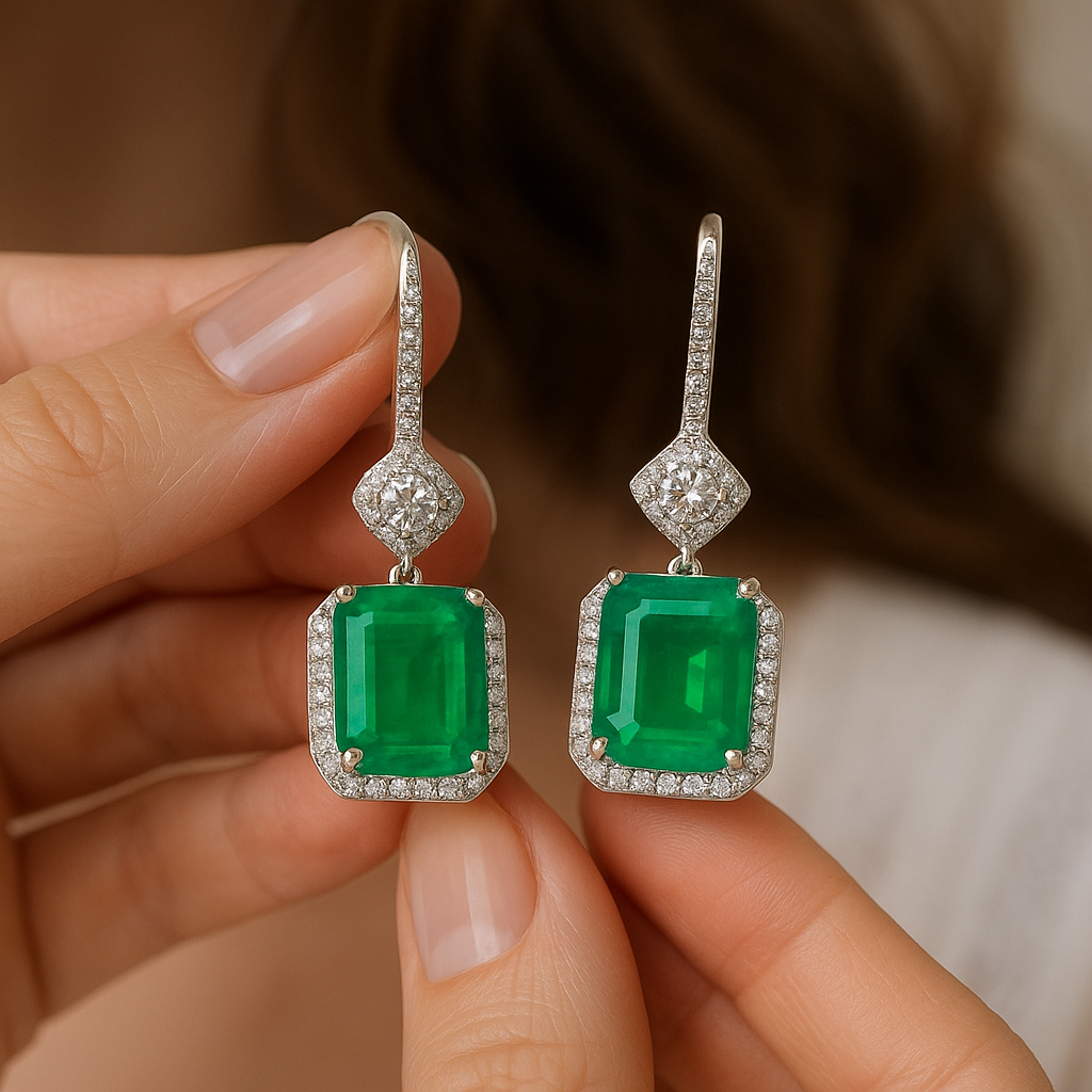 Retro Square Copper Inlay Zircon Drop Green stone Earrings
