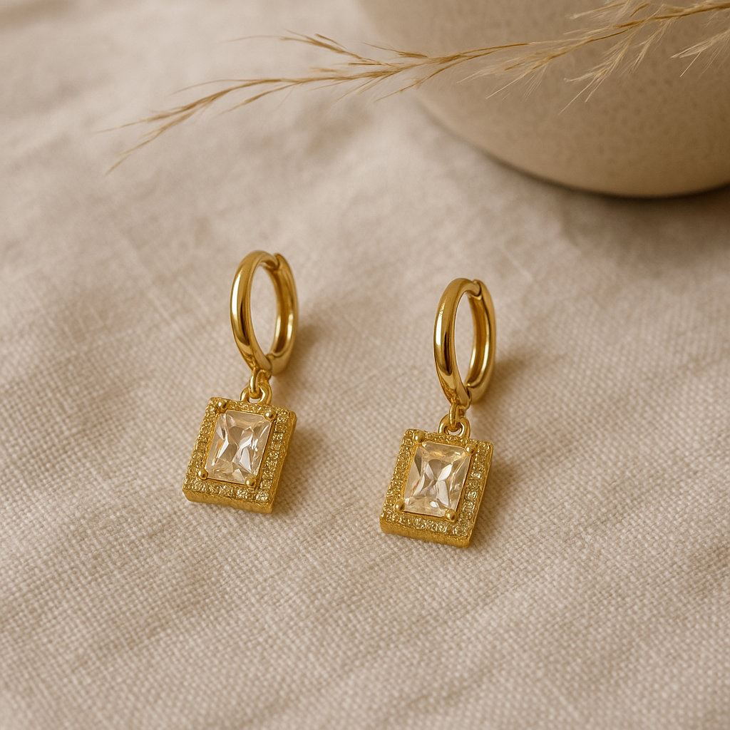 1 Pair Elegant Minimalist Water droplets Inlay Copper Zircon Drop Earrings Gold Square Zirconium