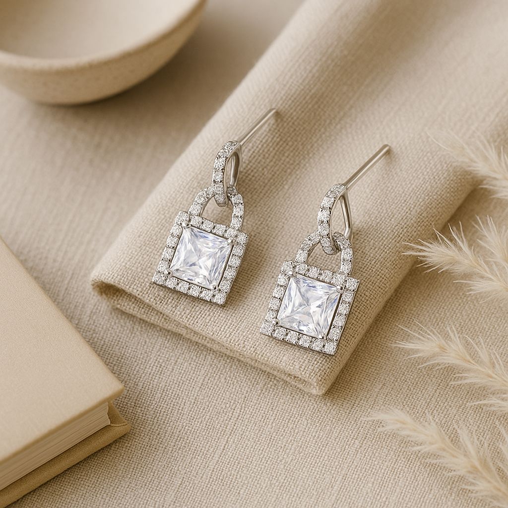 1 Pair Elegant Minimalist Shiny Square Inlay Copper Zircon Drop Earrings White Gold Plated