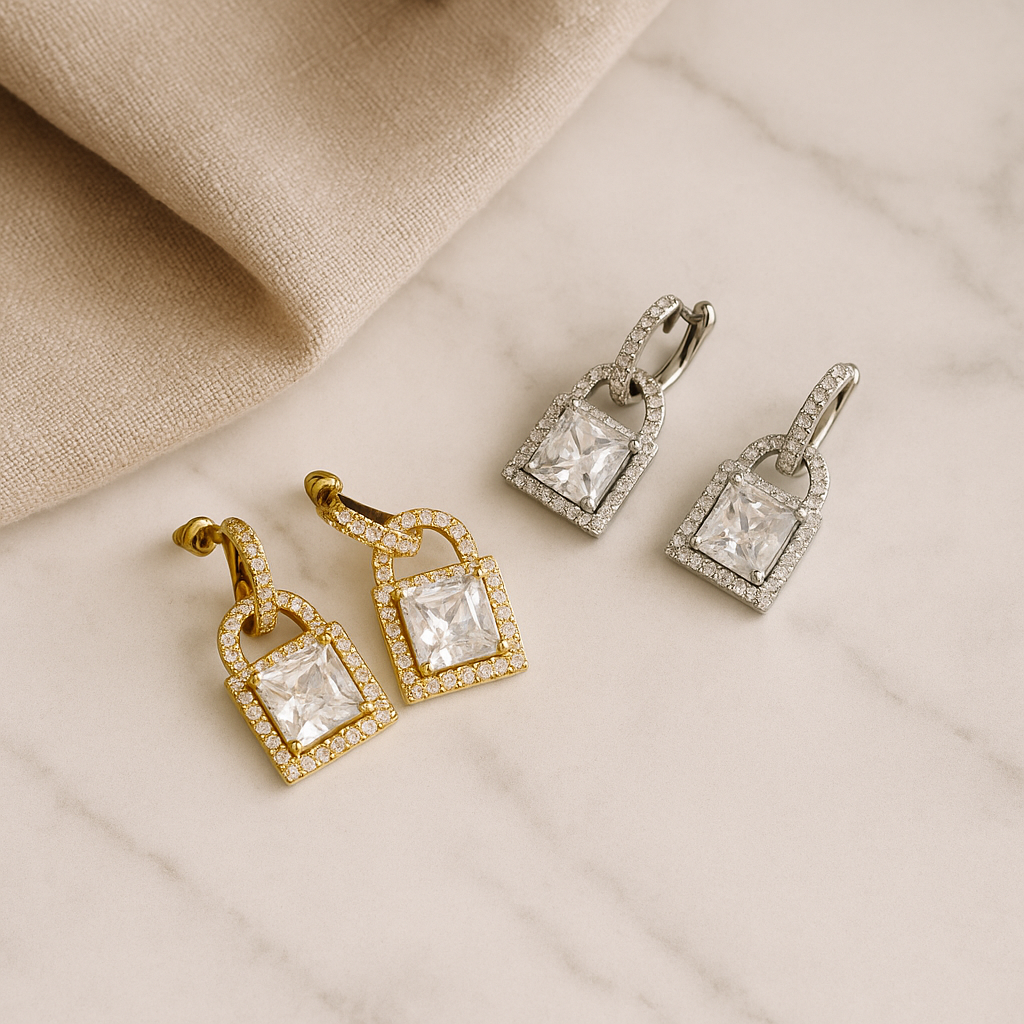 1 Pair Elegant Minimalist Shiny Square Inlay Copper Zircon Drop Earrings White Gold Plated