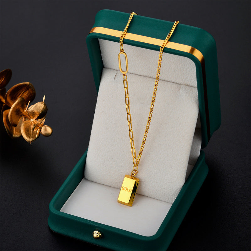 Geometric Titanium Steel 18K Gold Plated Necklace Rich Gold Bricks