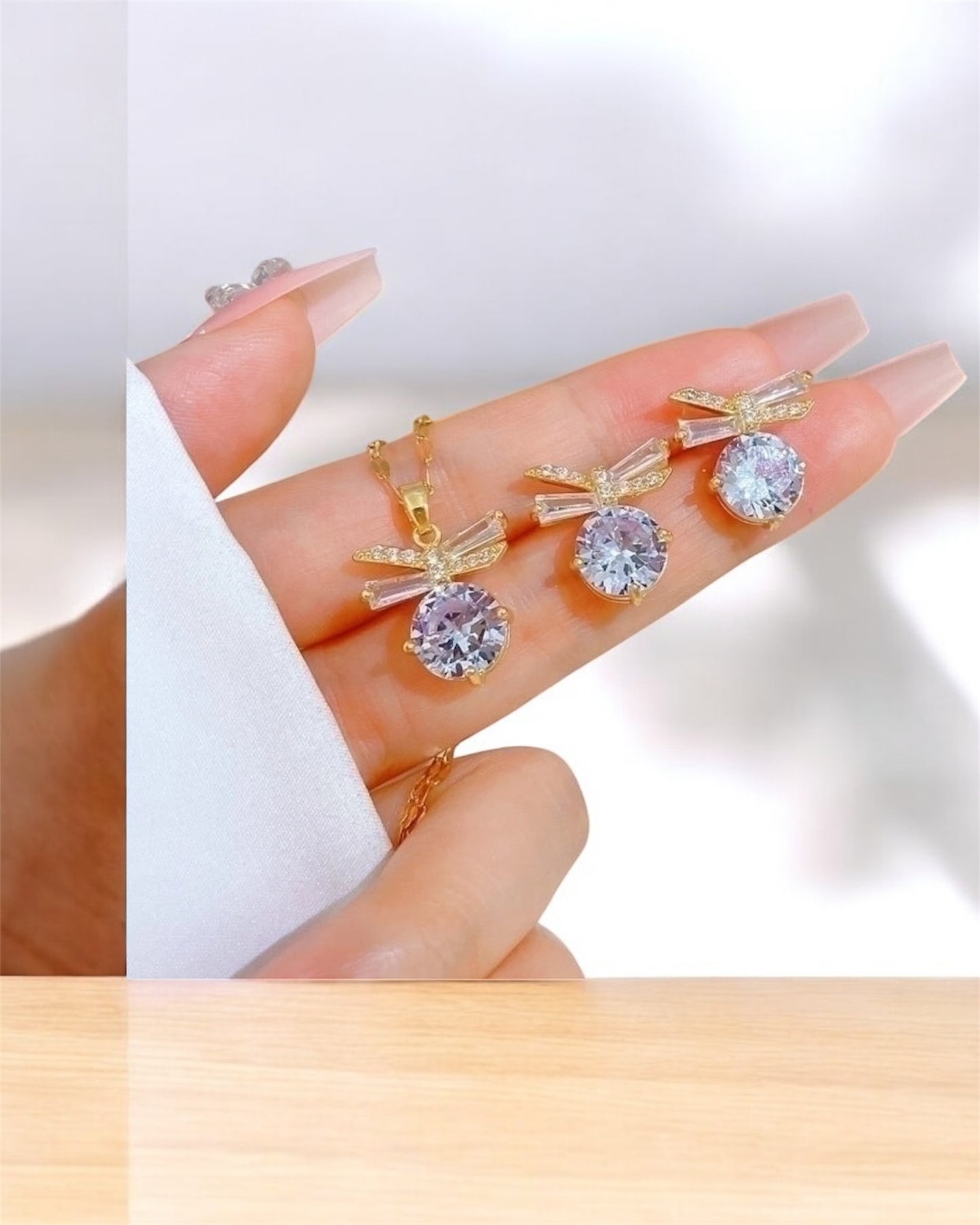Copper Minimalist Plating Inlay Rhombus Bow Knot Zircon Jewelry Set