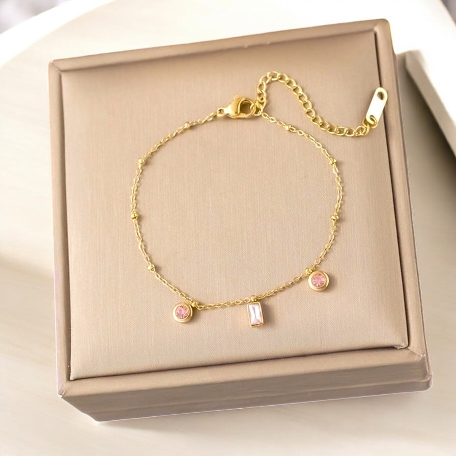 Stainless Steel 18K Gold Plated Acrylic Artificial Rhinestones Pink Diamond Bracelets