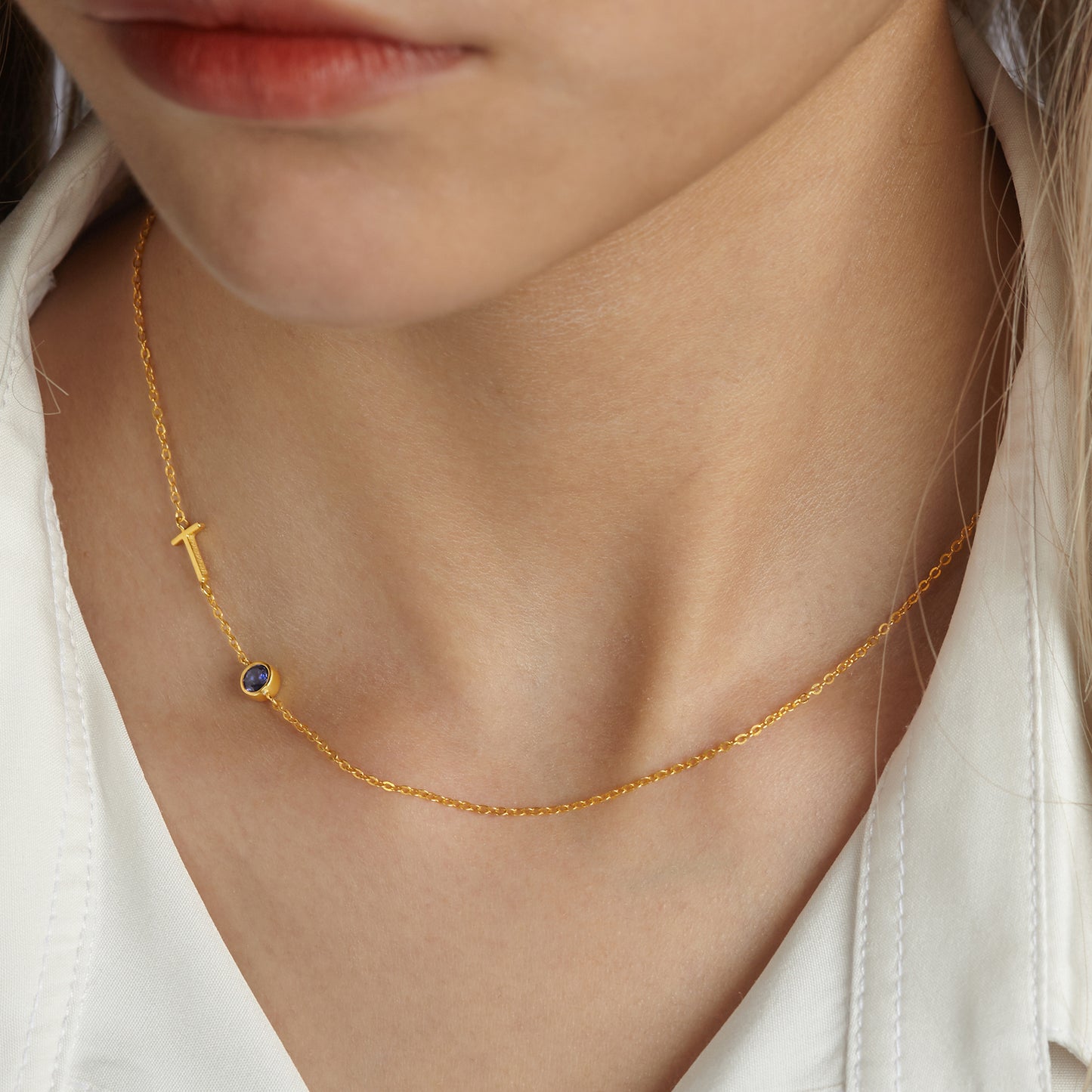 Sideways Letter Necklace, Birthstone Necklace, Initials Necklace