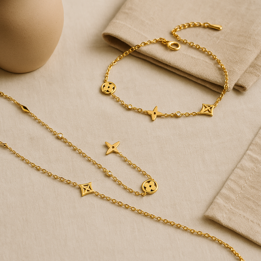Geometric Titanium Steel 18K Gold Plated Necklaces, Bracelet set