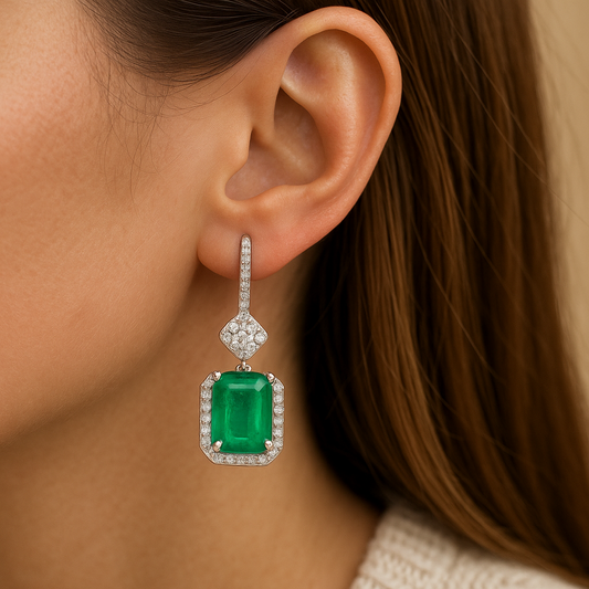 Retro Square Copper Inlay Zircon Drop Green stone Earrings