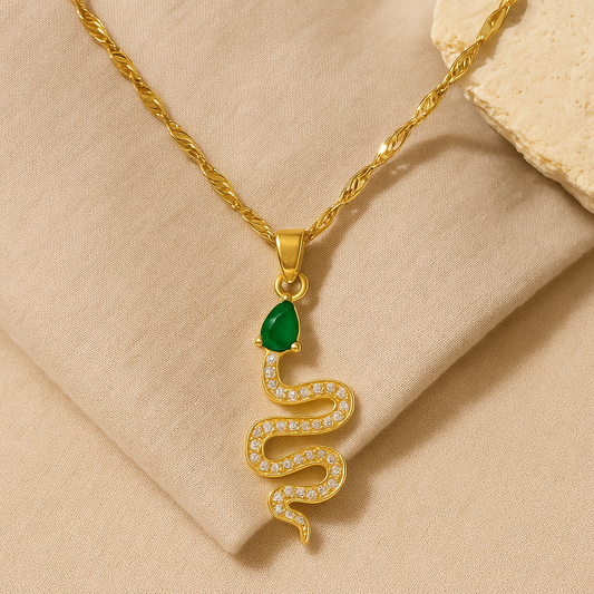 Titanium Steel Luxury Copper Snake Pendant Necklace with Green Eye and Rhinestone