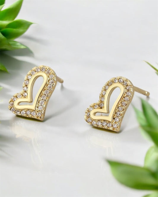 Elegant Minimalist Geometric Double Heat Hollow Out Inlay Copper Zircon 18K Gold Ear Studs