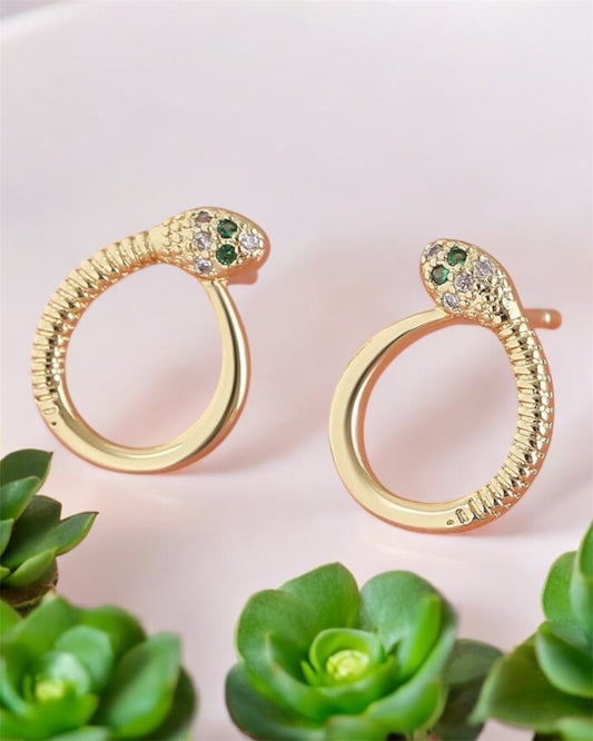 Elegant Minimalist Geometric Double Heat Snake Hollow Out Inlay Copper Zircon 18K Gold Ear Studs