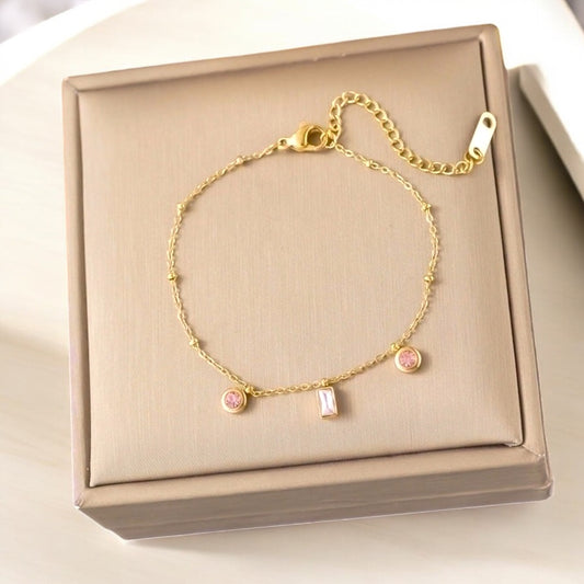 Stainless Steel 18K Gold Plated Acrylic Artificial Rhinestones Pink Diamond Bracelets